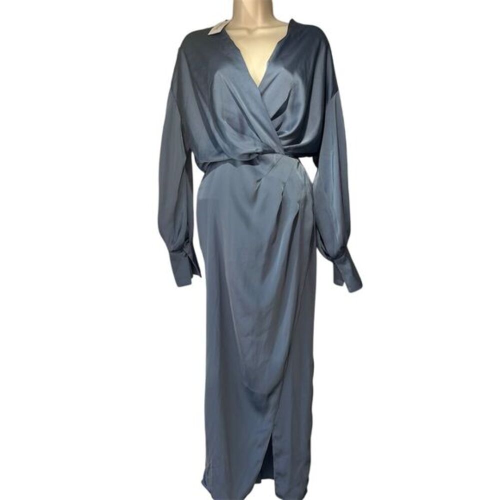 ASTR the Label Sadyra Dress Slate Blue Long Sleeve Faux Wrap Formal S